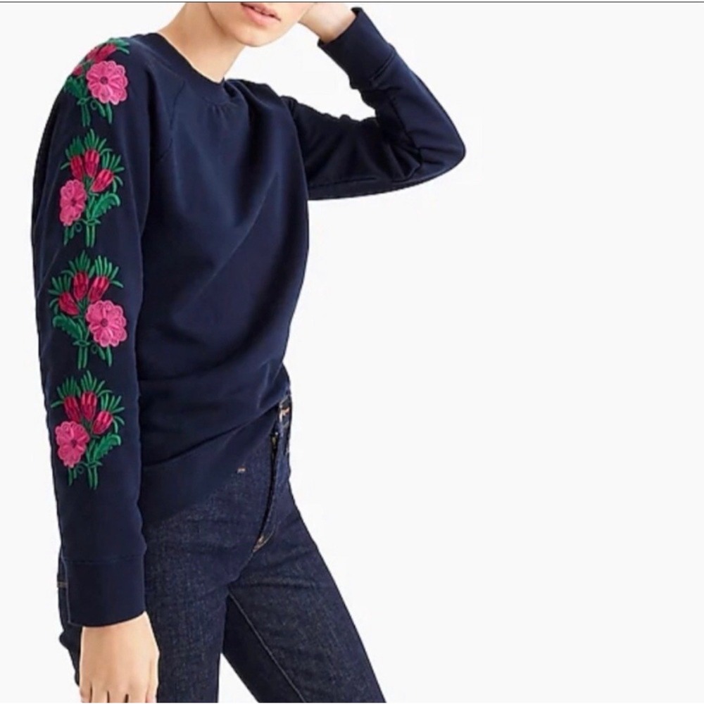 J.Crew Embroidered Floral Sweatshirt Navy Pink Flowers Women's Size S Cotton - Picture 2 of 10